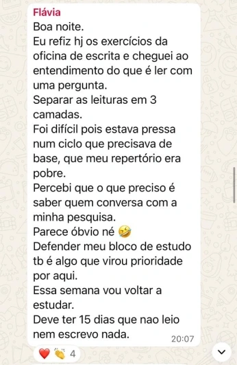 Depoimento de Flávia, participante da Oficina de Leitura e Escrita para Pesquisadoras