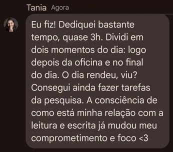 Depoimento de Tania, participante da Oficina de Leitura e Escrita para Pesquisadoras