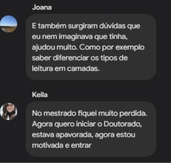 Depoimentos de Joana e Keila, participantes da Oficina de Leitura e Escrita para Pesquisadoras