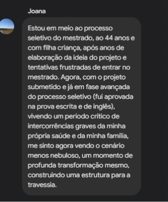 Depoimento de Joana, participante da Oficina de Leitura e Escrita para Pesquisadoras