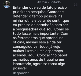 Depoimento de participante da Oficina de Leitura e Escrita para Pesquisadoras