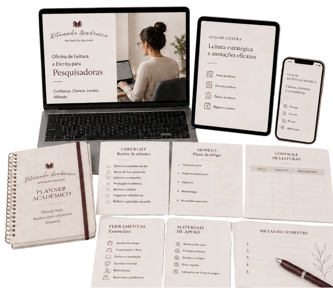 Materiais de apoio da oficina em notebook, tablet e celular, ao lado do caderno de atividades impresso